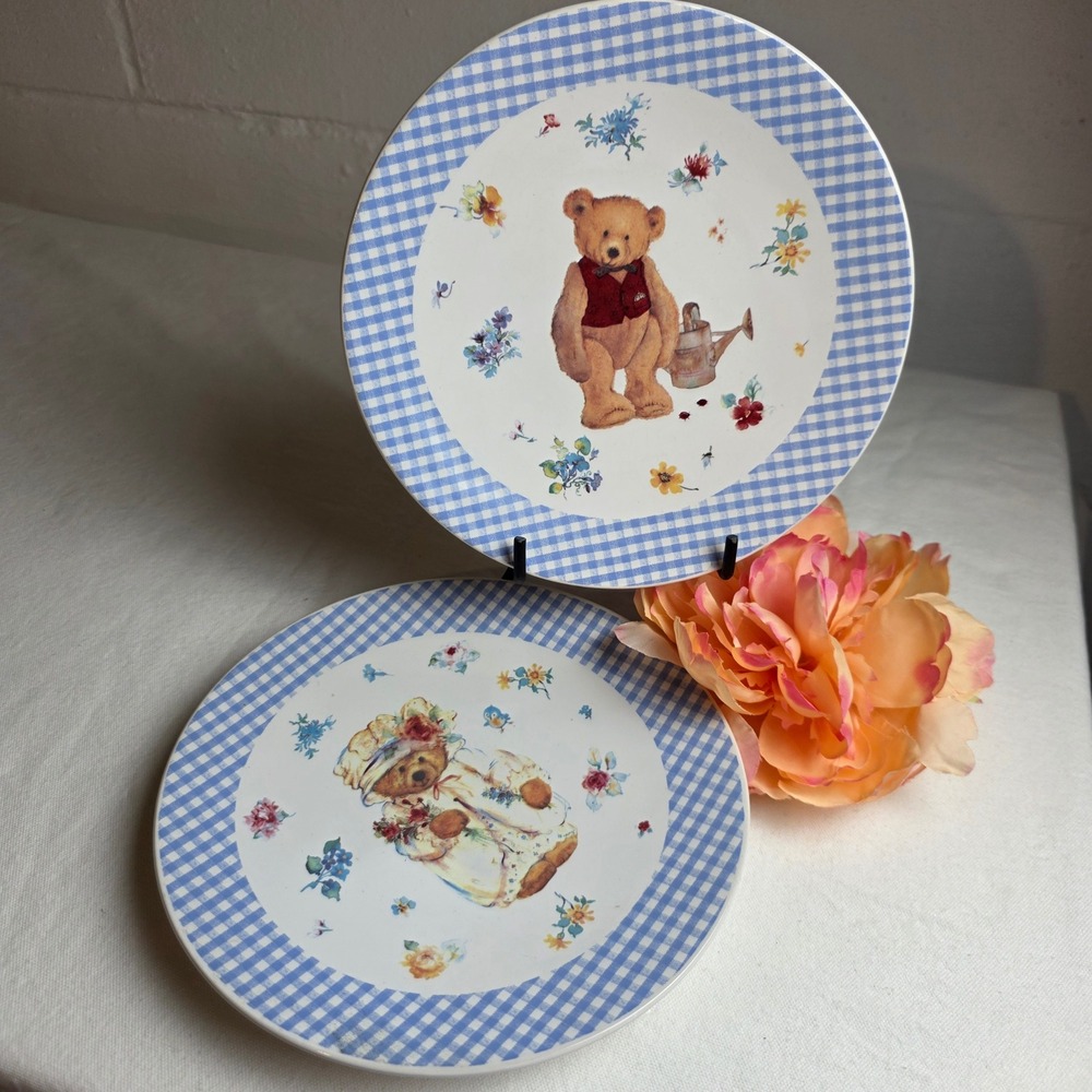 1997 Hallmark Teddy Bear Gingham Plate Pair Blue White Floral Country Cottage